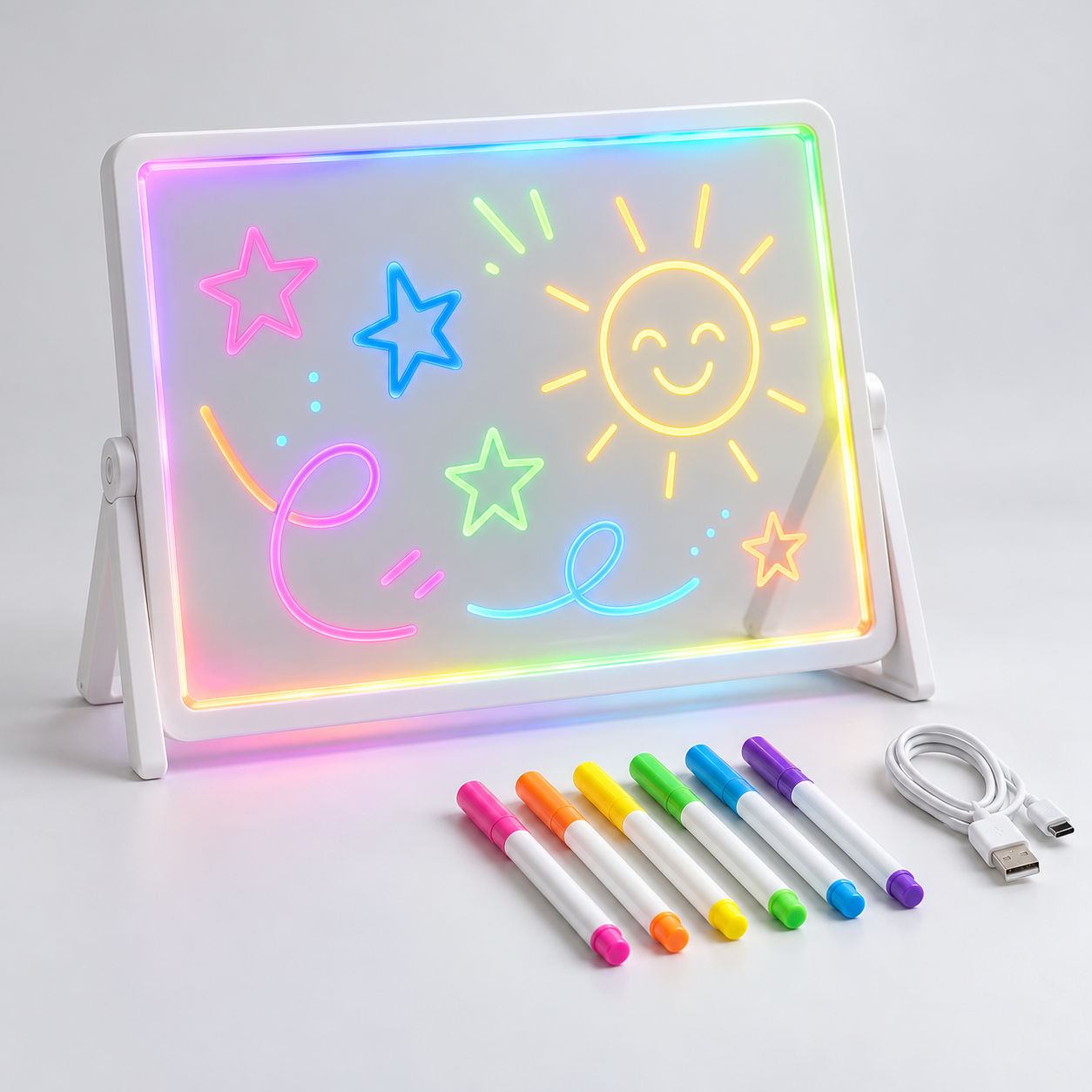 Reusable LED drawing board with multicolor neon doodles, six markers, stand and USB cable