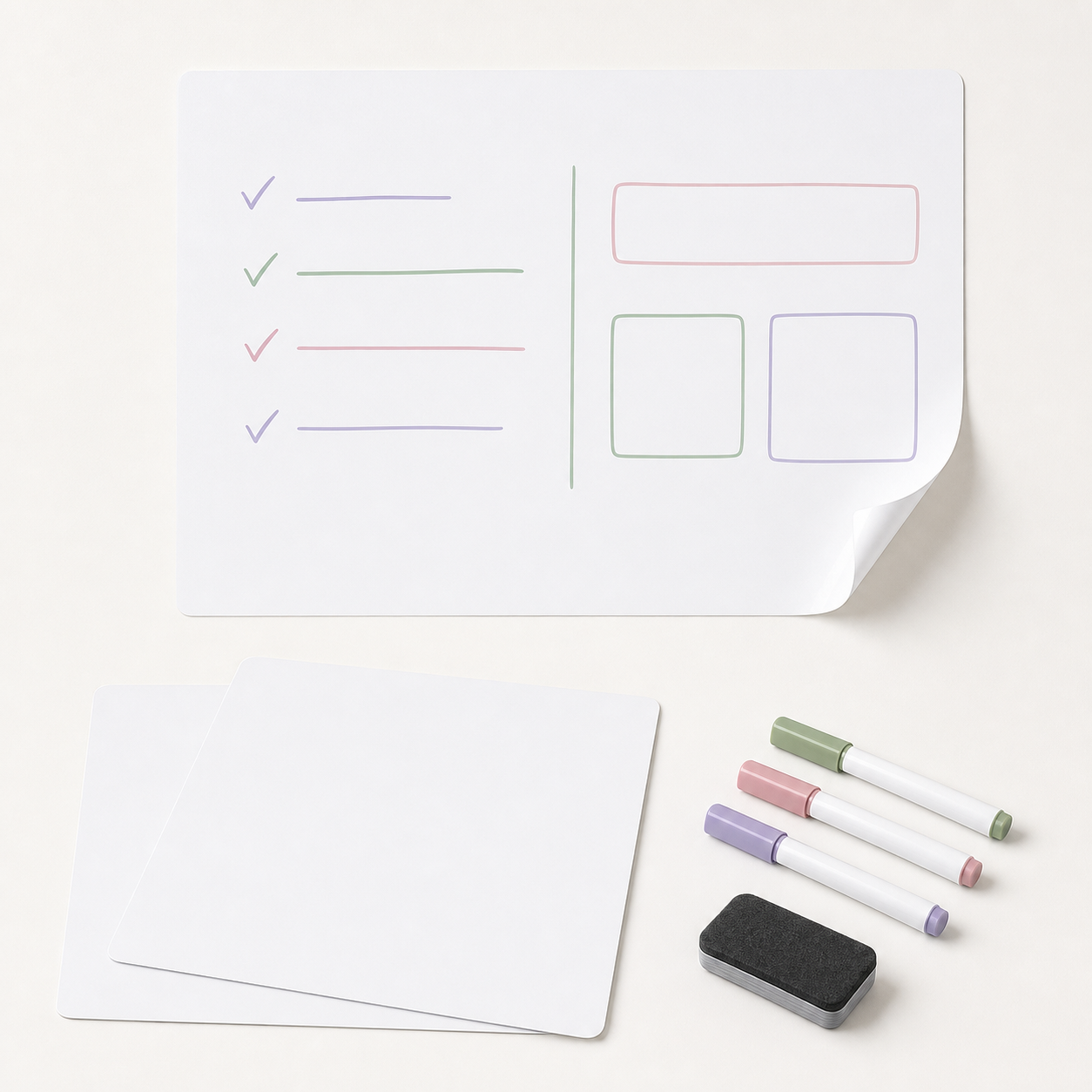 Three reusable white dry-erase sticker sheets with pastel markers and a compact eraser