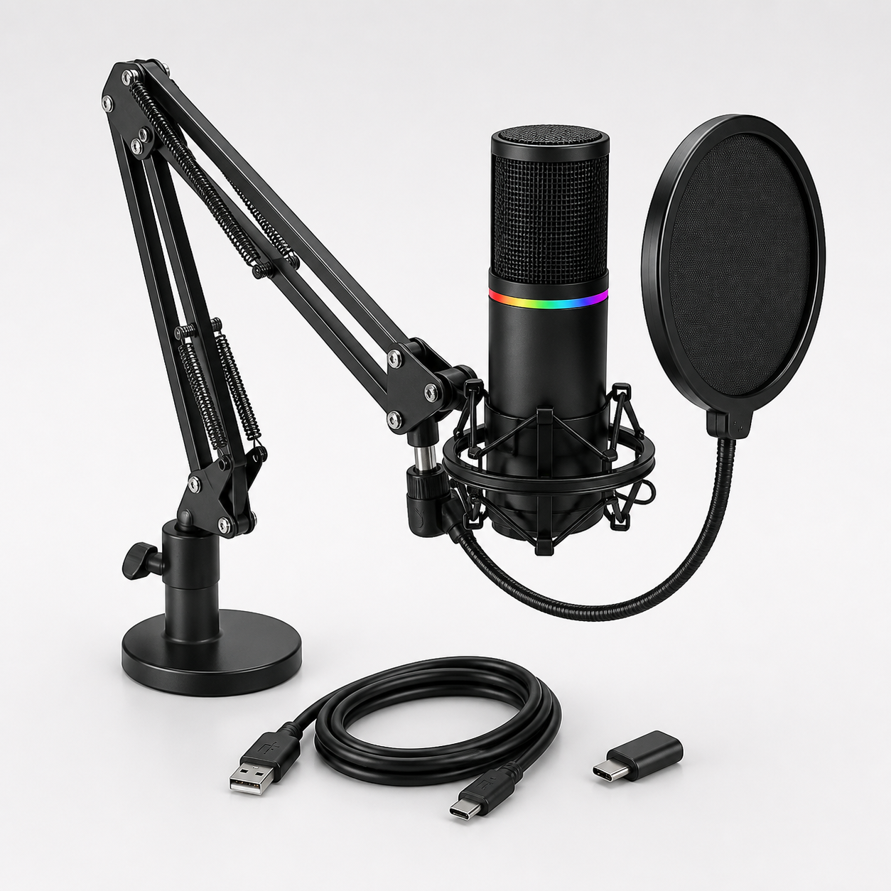 Unbranded black USB RGB gaming microphone kit with boom arm, shock mount, pop filter and cable