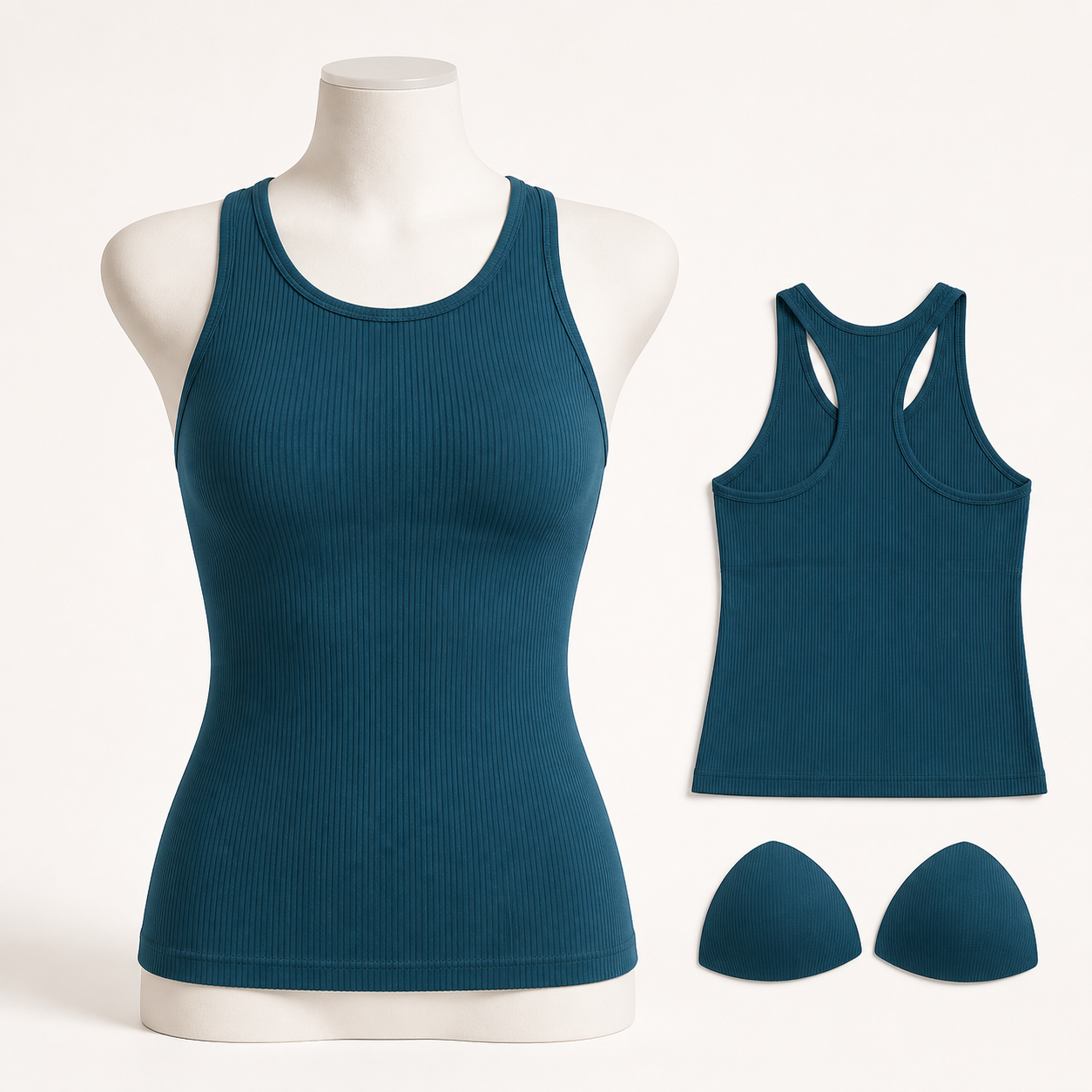 Unbranded charcoal ribbed built-in bra sports tank with high neckline and removable pad illustration