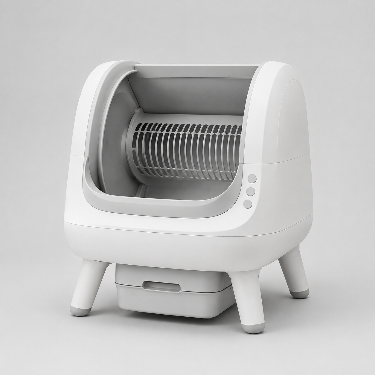 Unbranded white open-top automatic cat litter box with rotating sifting drum and pull-out waste drawer
