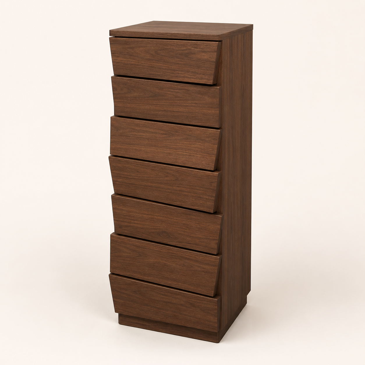 Tall walnut seven-drawer cabinet with a sculptural twisted silhouette