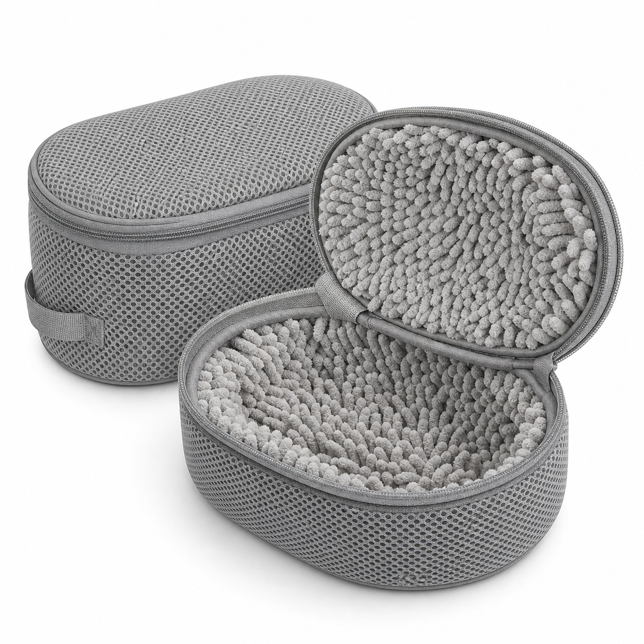 Unbranded gray shoe washing bags with breathable mesh, concealed zippers and dense chenille microfiber cleaning lining