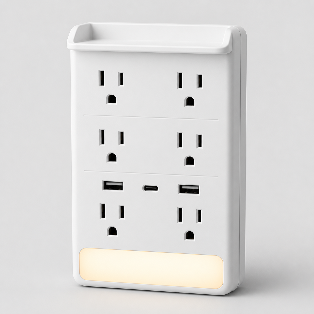 Unbranded white wall outlet extender with six AC sockets, two USB-A ports, USB-C port, shelf and night light