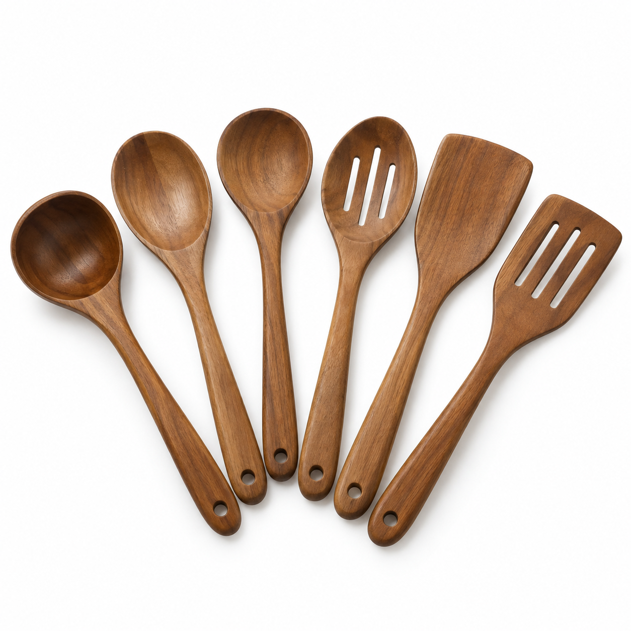 Six unbranded natural wooden cooking utensils arranged in a fan on a white background