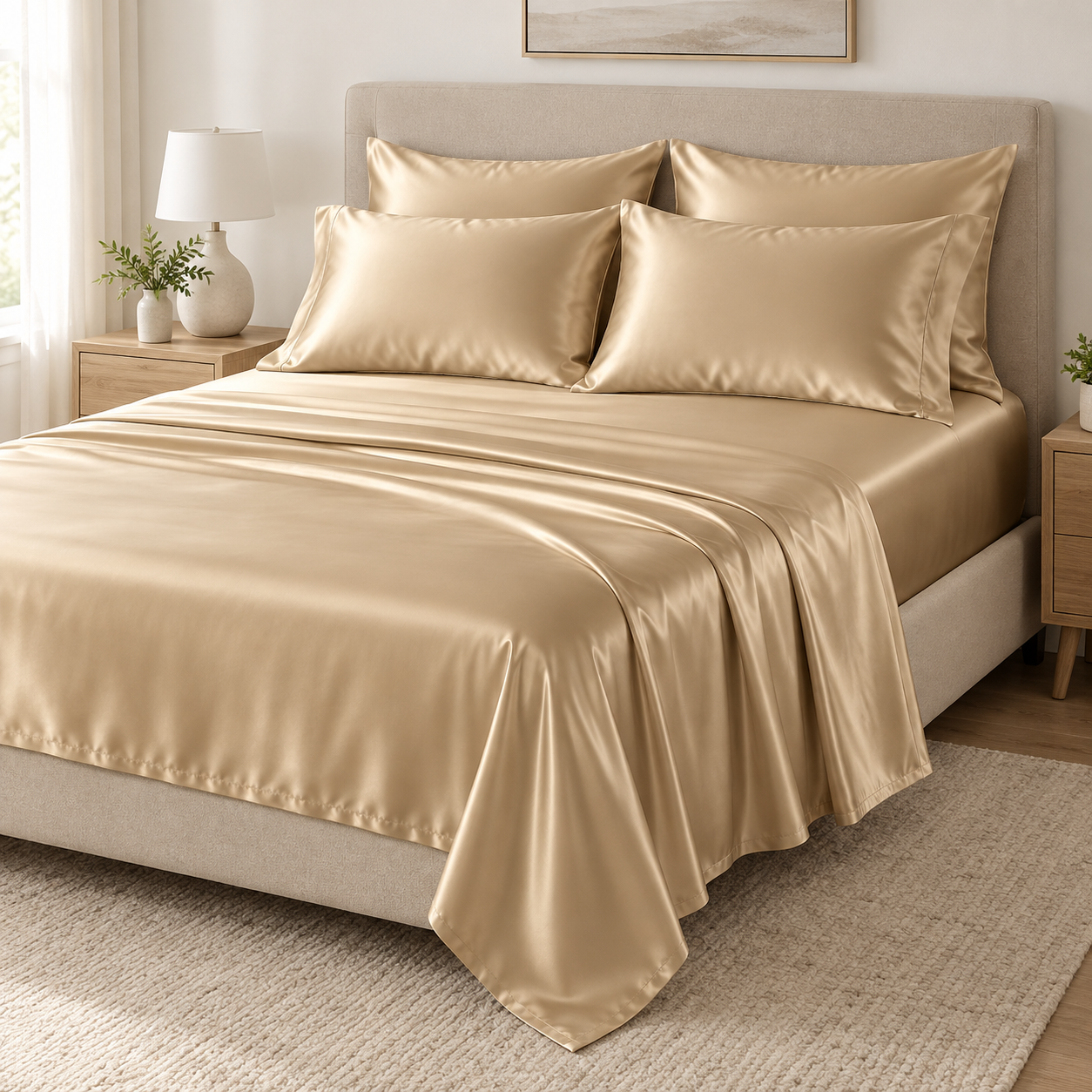 Unbranded champagne-gold six-piece satin sheet set with flat sheet, fitted sheet, and four pillowcases
