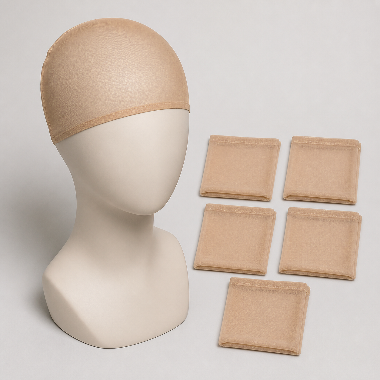Six-piece beige sheer nylon stocking wig cap set displayed with a neutral mannequin head