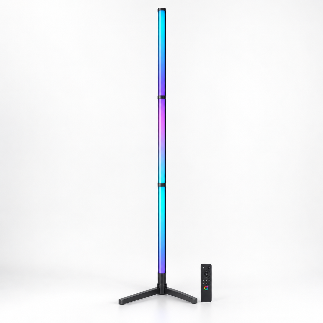 Illustrative black smart RGB corner floor lamp with colorful segmented light and remote control