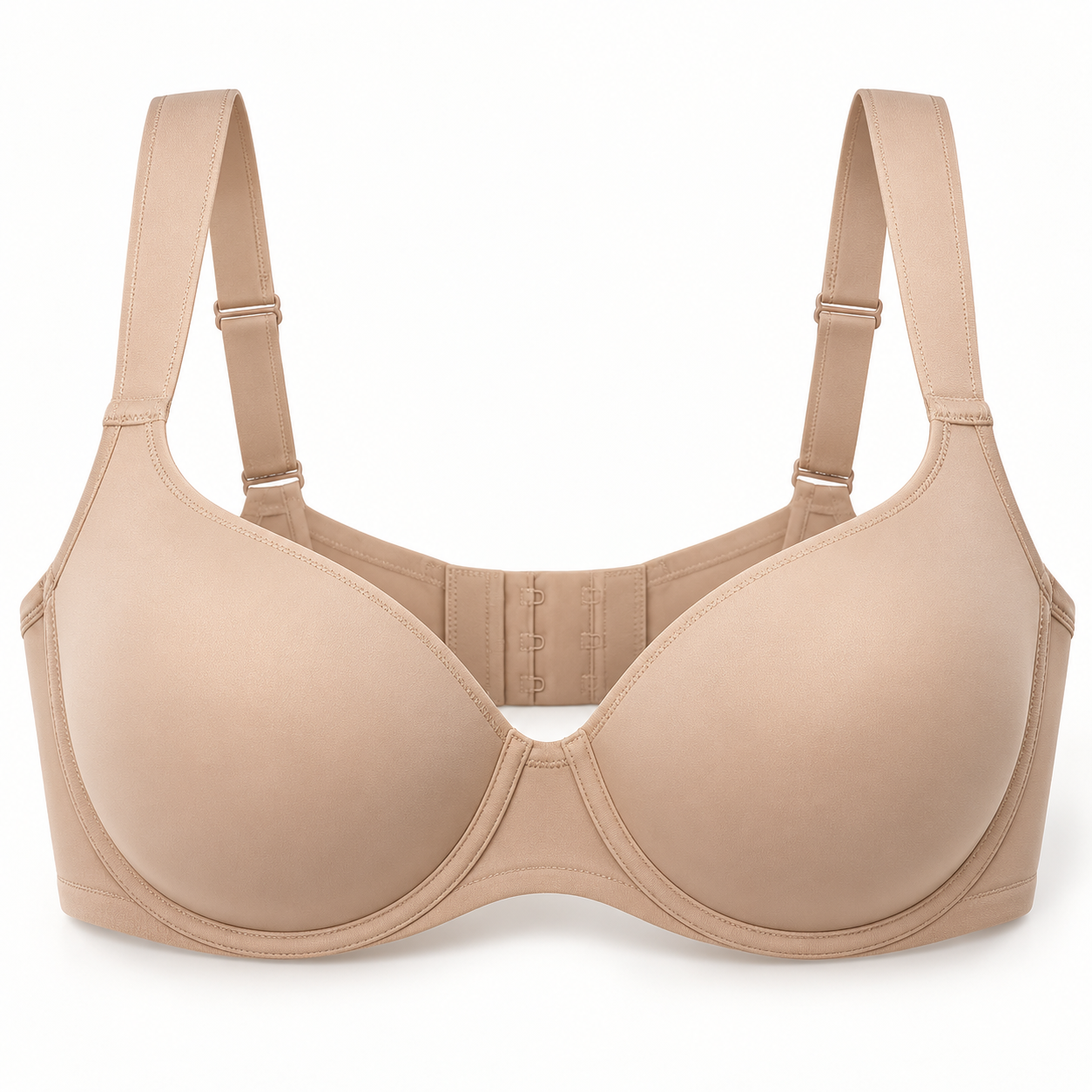 Illustrative beige smooth scoop-neck balconette bra with underwire and wide adjustable straps