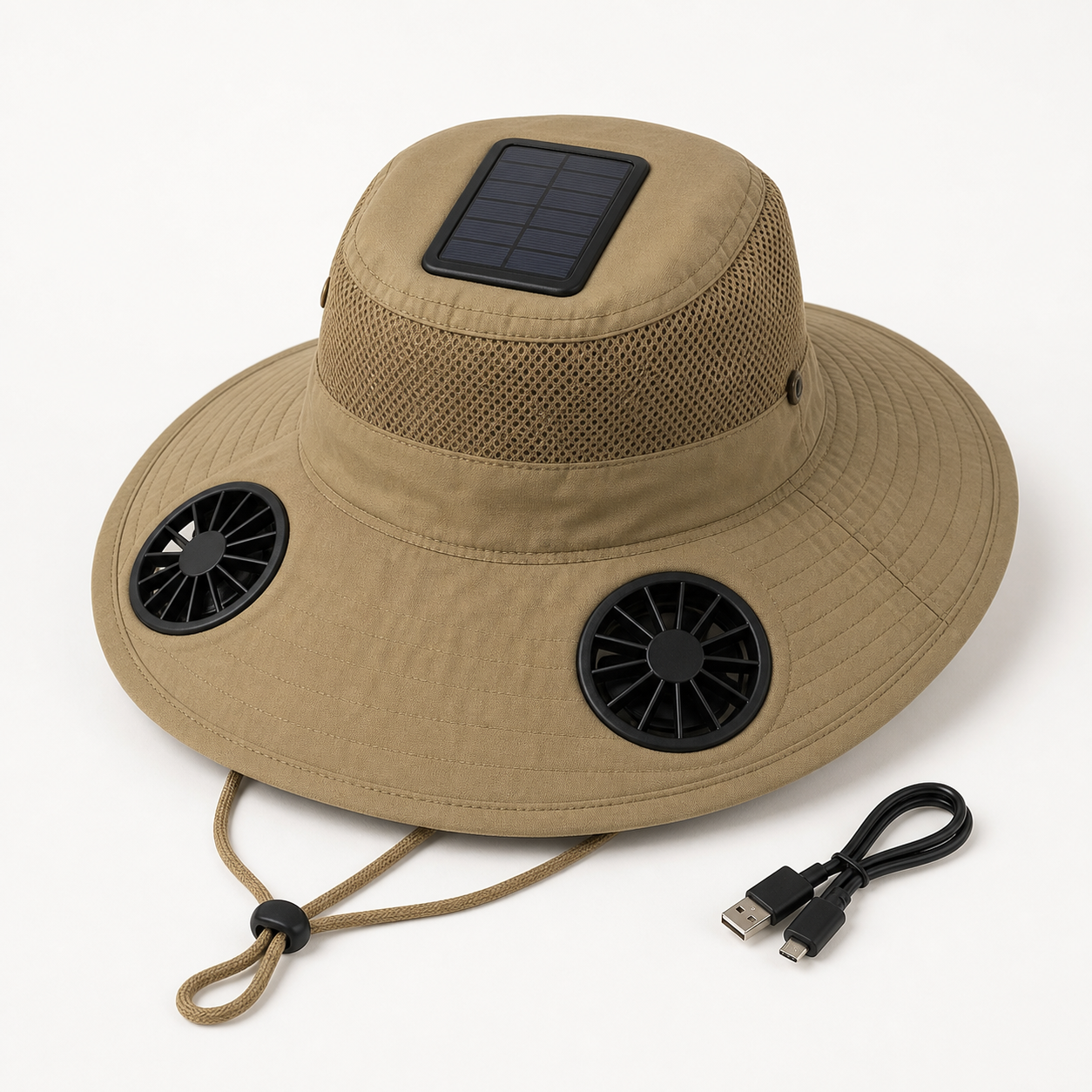 Unbranded khaki wide-brim solar cooling fan hat with two brim fans, mesh crown, chin cord and USB charging cable