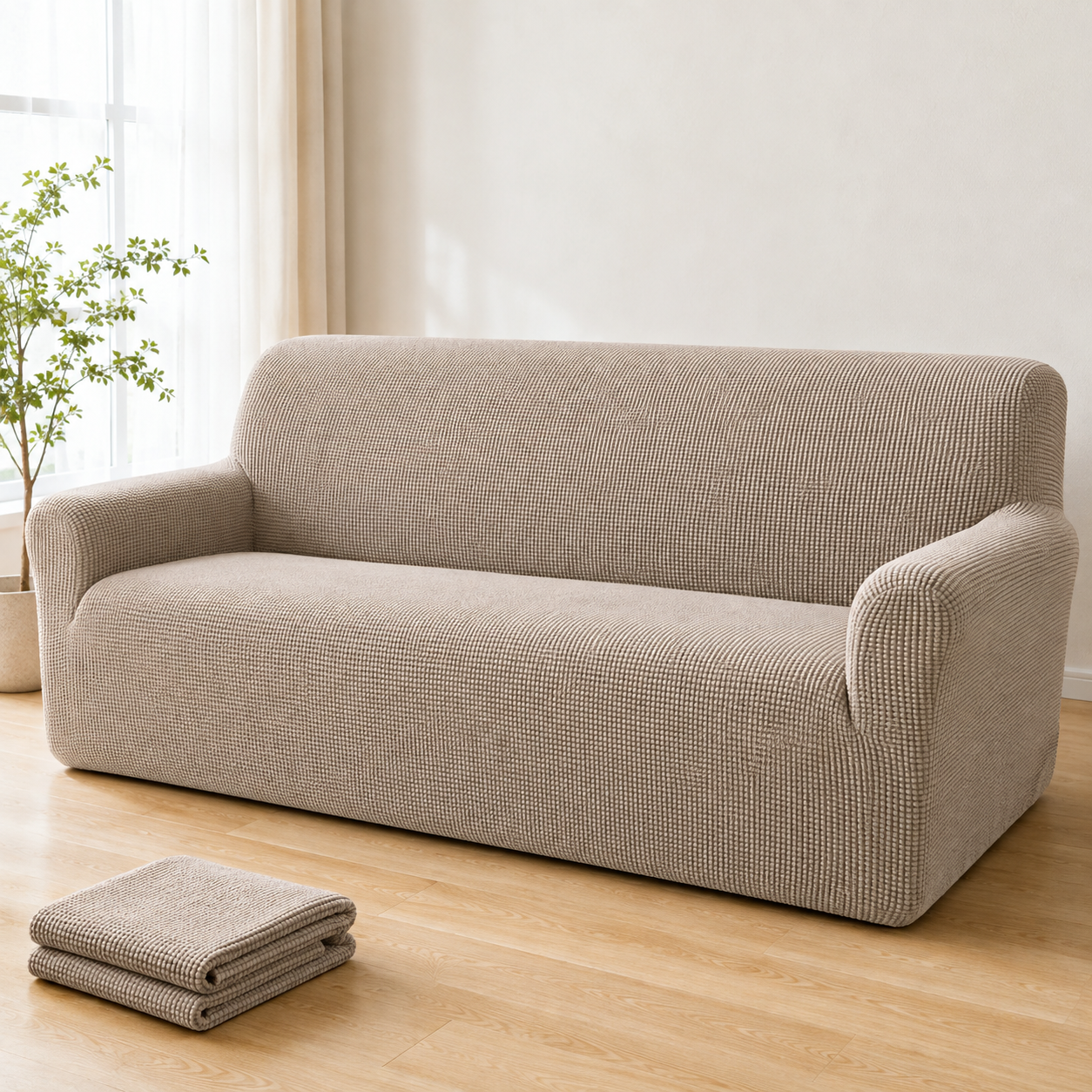 Unbranded light taupe one-piece stretch slipcover fitted over a modern three-seat sofa