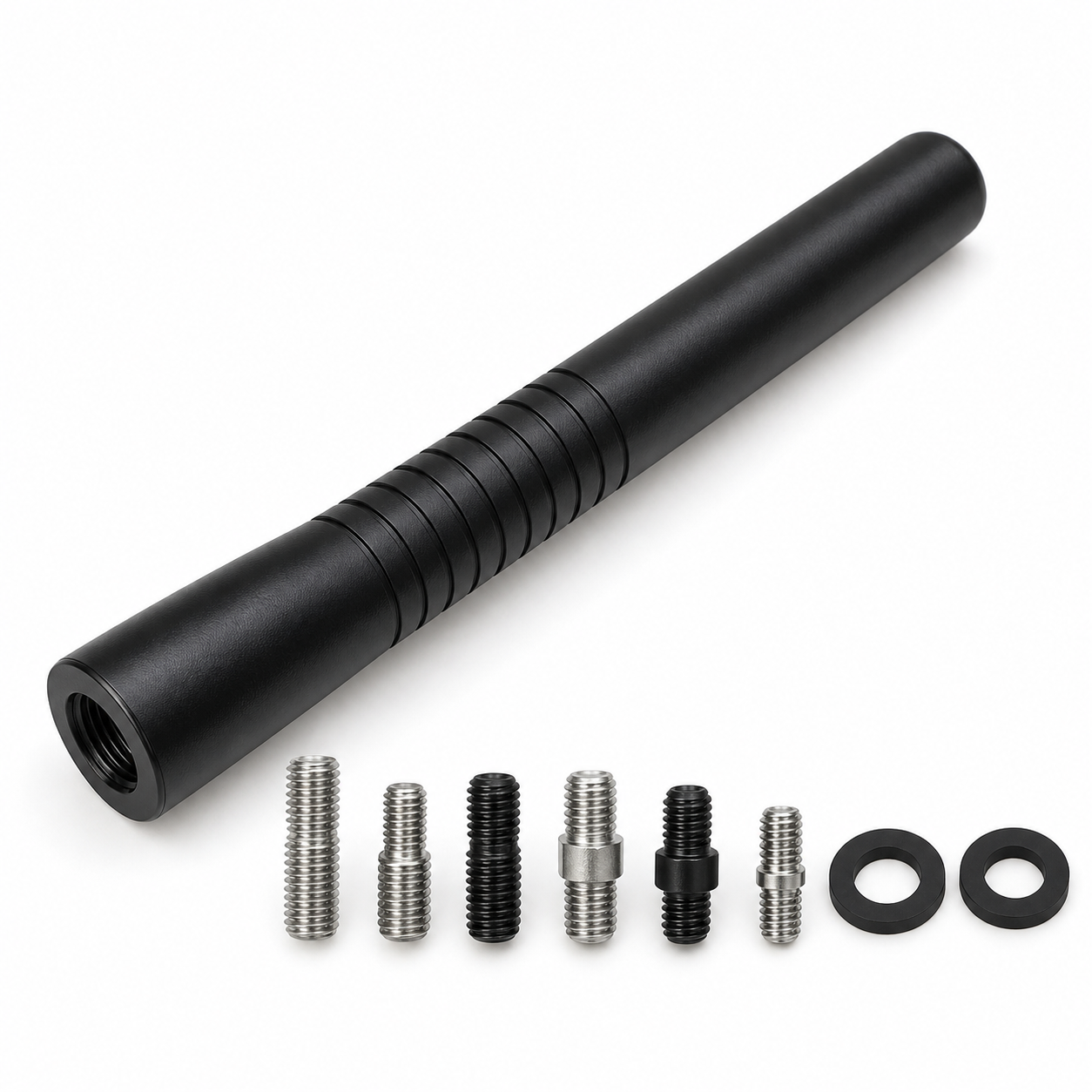 Unbranded matte black short car antenna with assorted threaded adapters and two washers