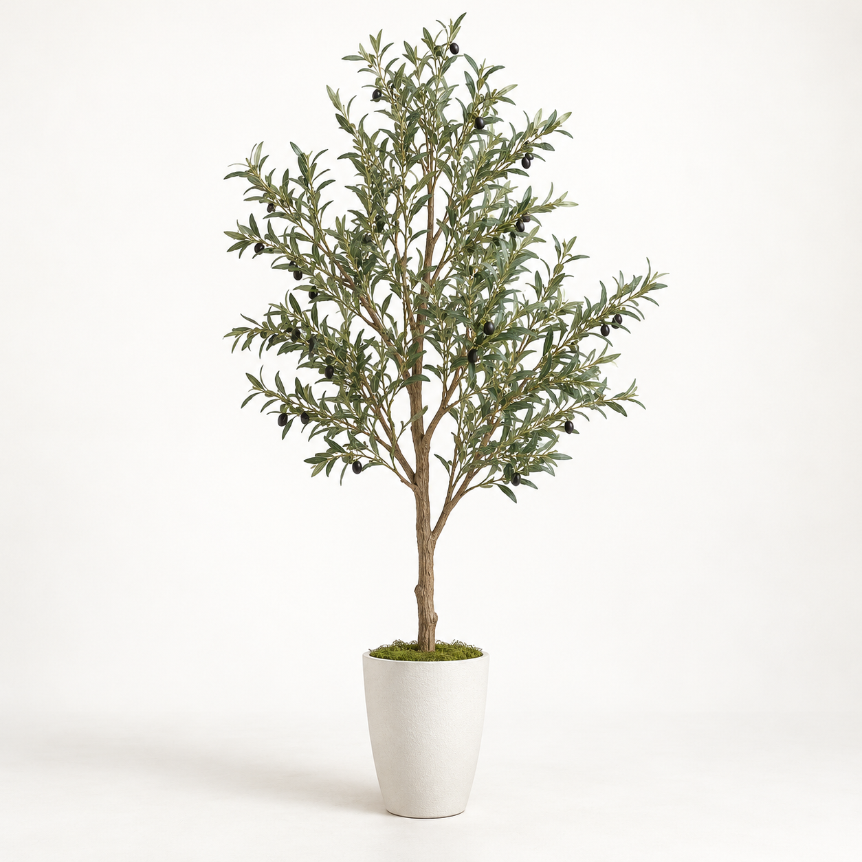 Tall artificial olive tree wholesale with realistic leaves, fruit, and white planter