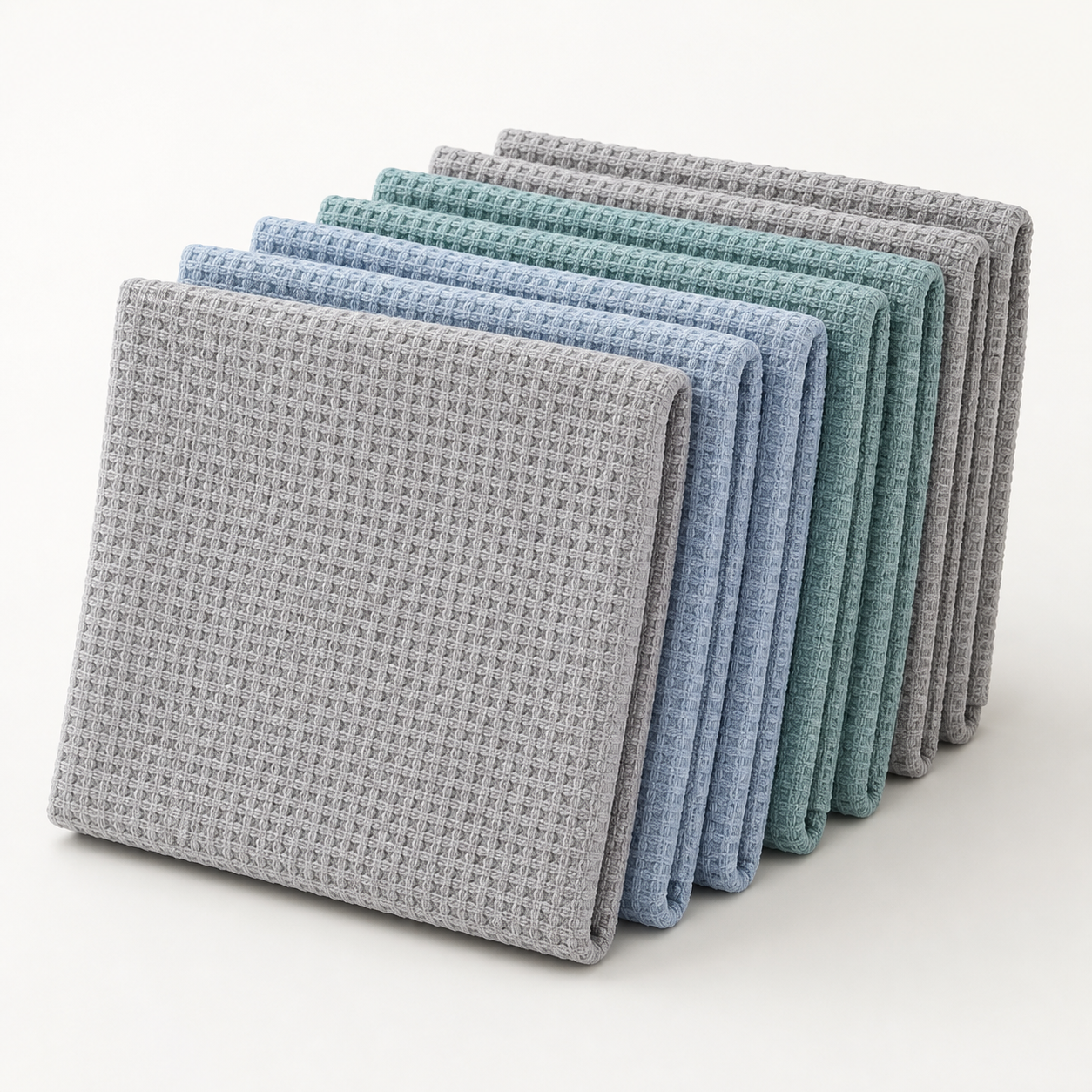Ten folded waffle-weave microfiber cleaning cloths in gray blue and teal