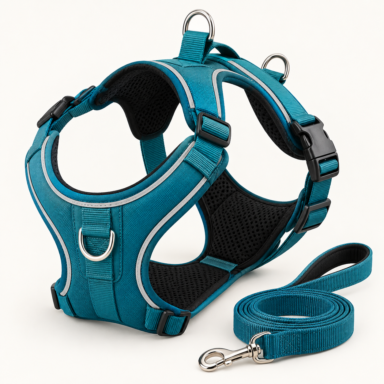 Teal padded reflective dog harness with three leash attachment rings and matching webbing leash