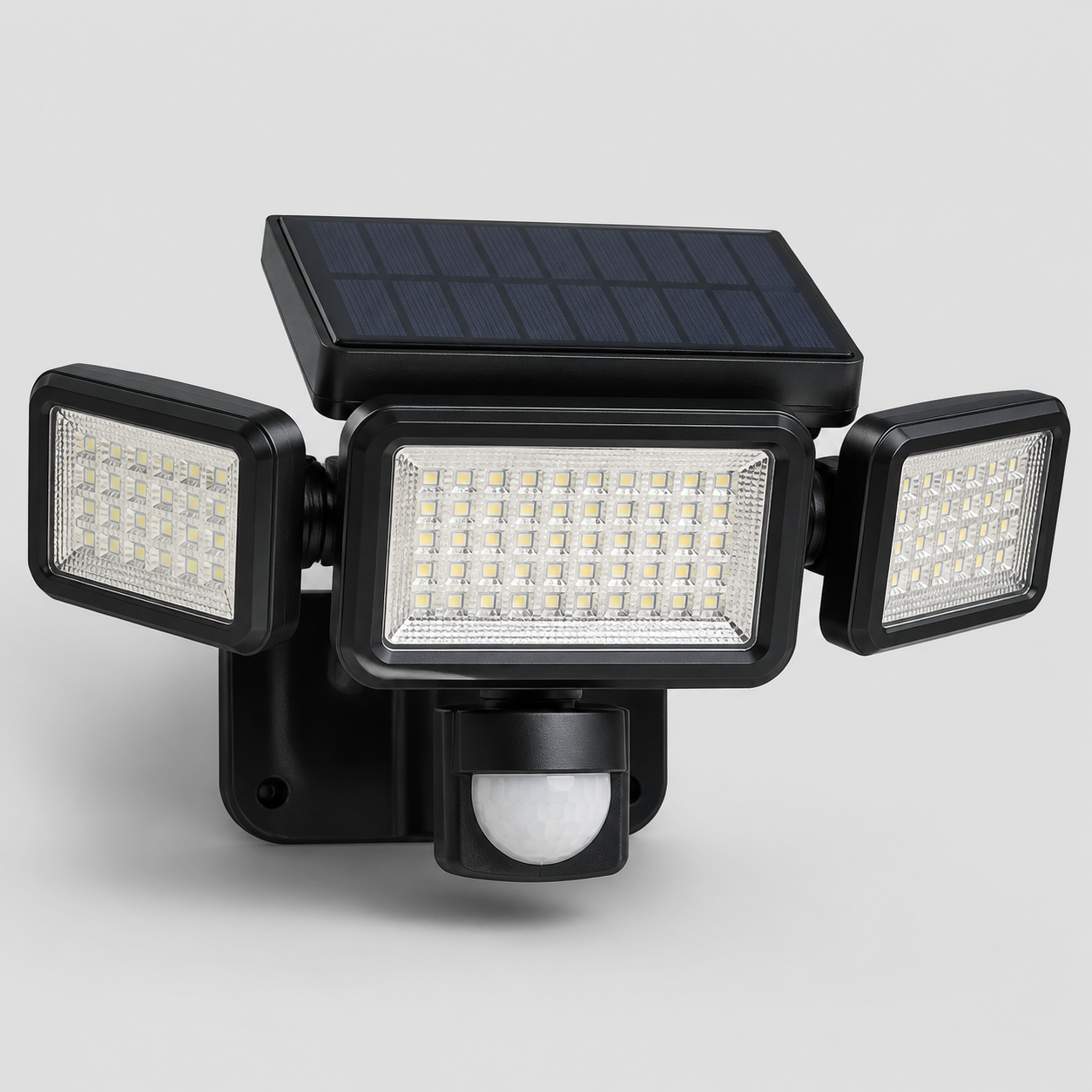 Black three-head solar motion sensor security light with adjustable LED panels