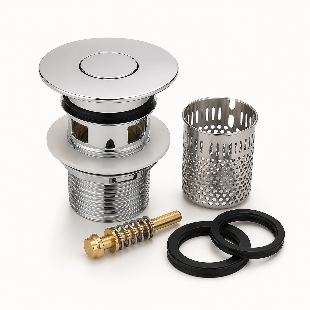 Chrome pop-up bathroom sink drain stopper with removable hair-catching basket and seals