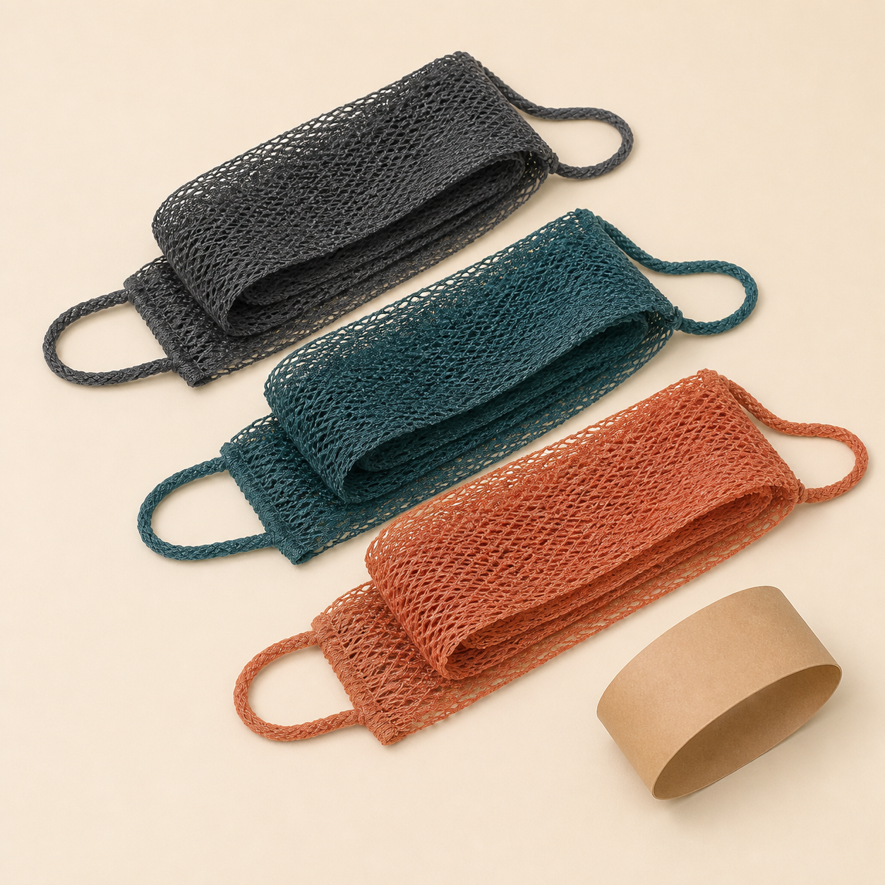 Three colorful long mesh exfoliating bath sponges for back scrubbing and shower use