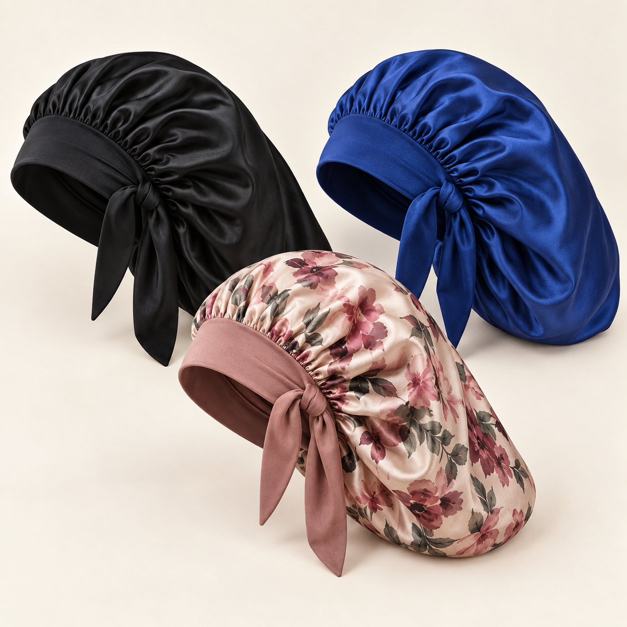 Unbranded three-pack of long satin braid bonnets in black, blue, and floral colorways