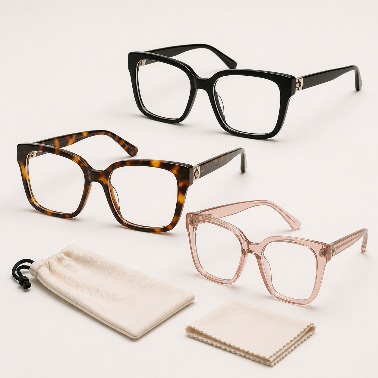 Three unbranded oversized square reading glasses in black, tortoiseshell and dusty rose with pouch and cloth