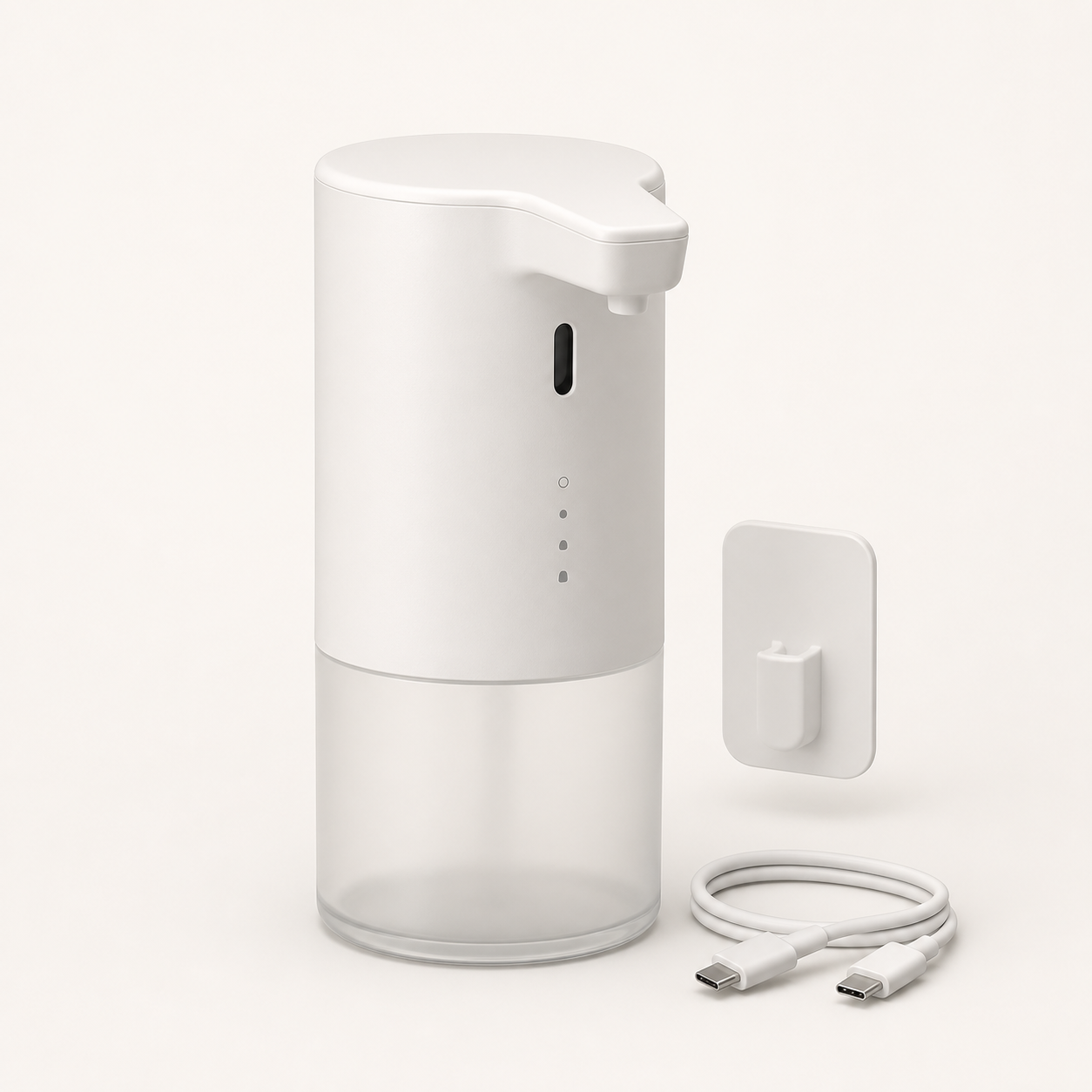 Unbranded white touchless rechargeable automatic foaming soap dispenser with translucent reservoir, wall plate, and USB-C cable
