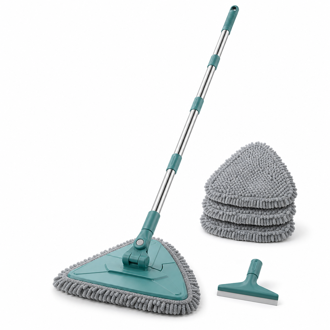 Unbranded teal triangular wall cleaning mop with telescopic handle, gray chenille pads, and squeegee attachment