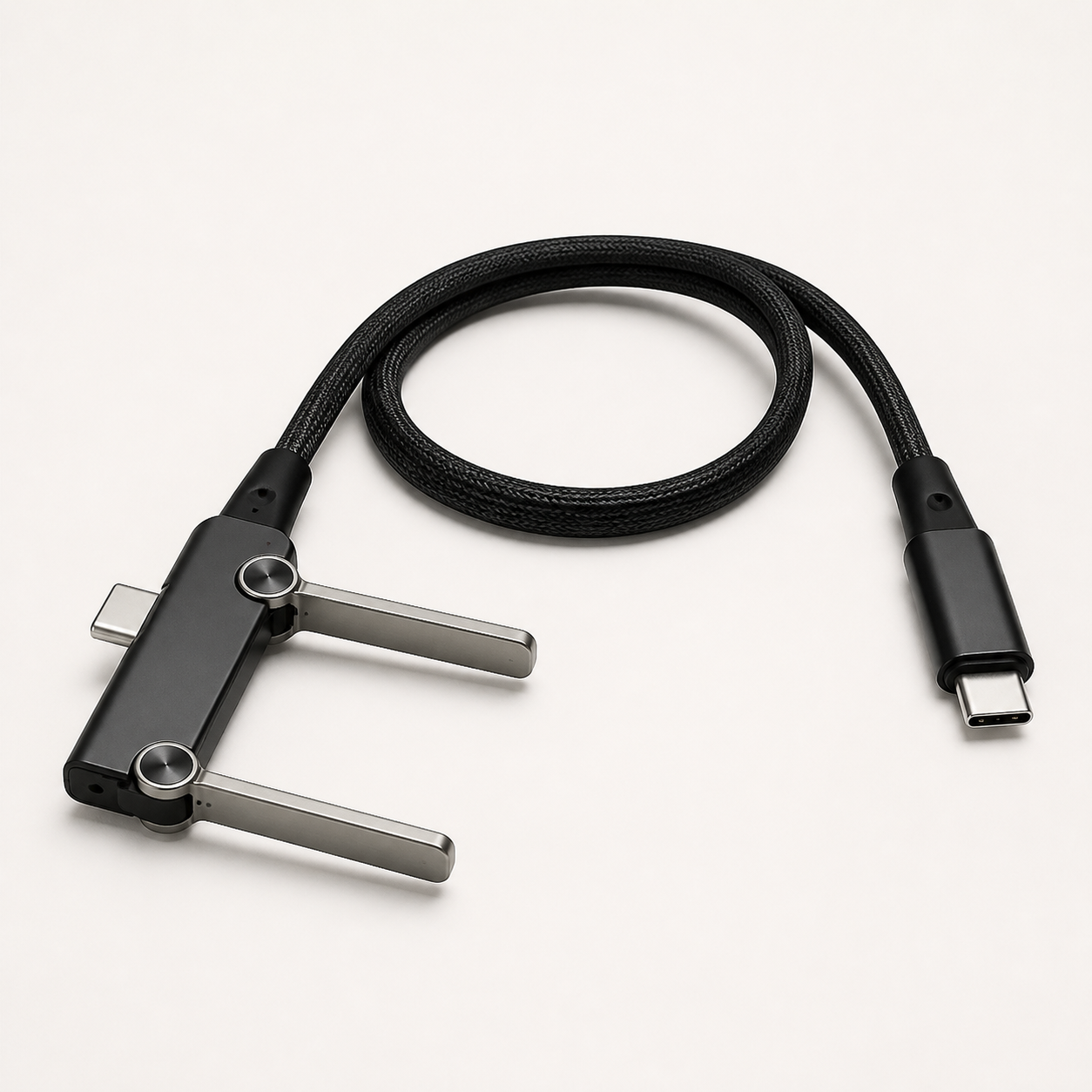 Black braided USB-C charging cable with an integrated fold-out phone stand
