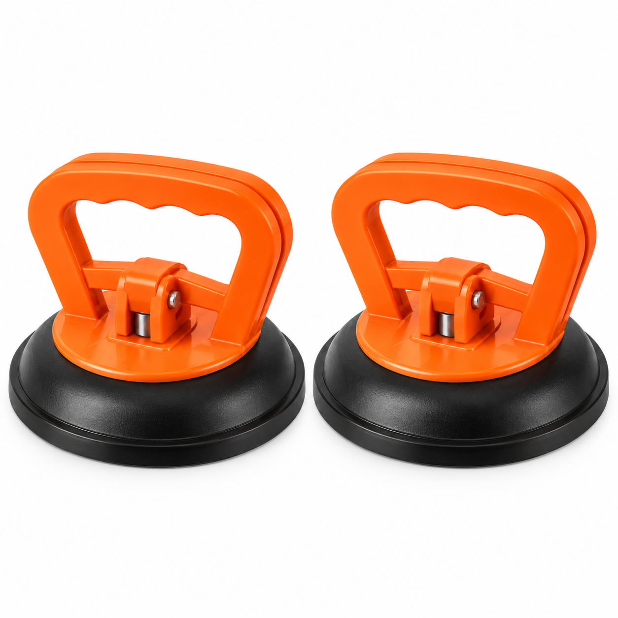 Two orange high-suction dent pullers with black rubber cups and folding locking handles