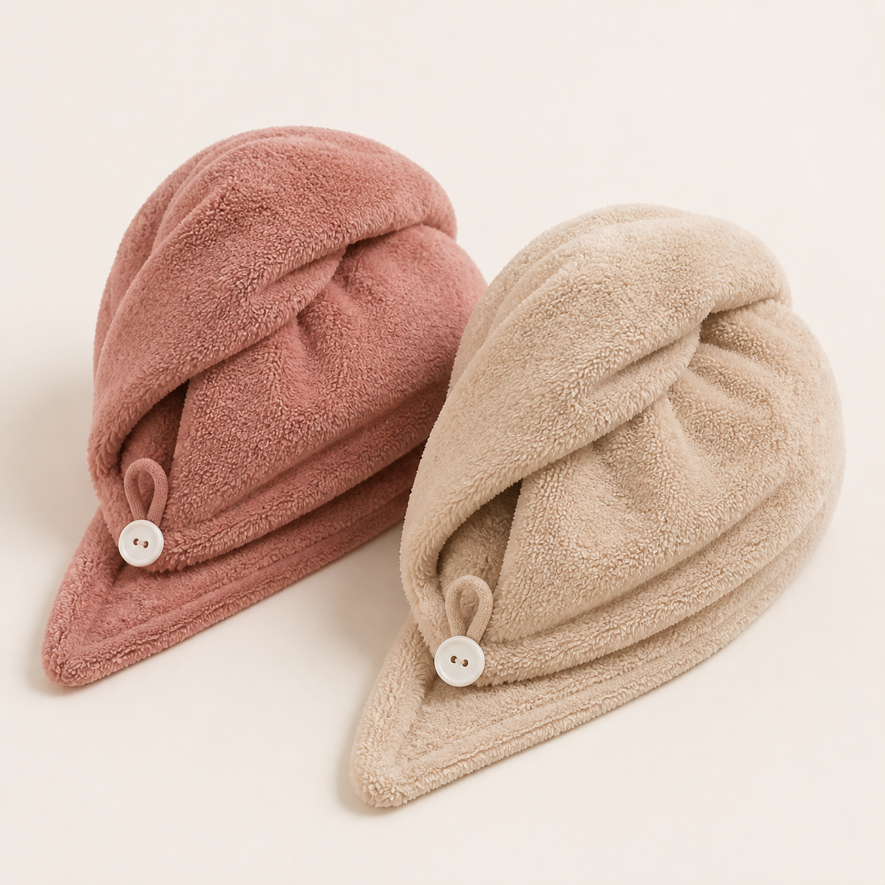 Two unbranded plush microfiber twist-wrap hair-drying towel caps in dusty rose and warm beige with button closures