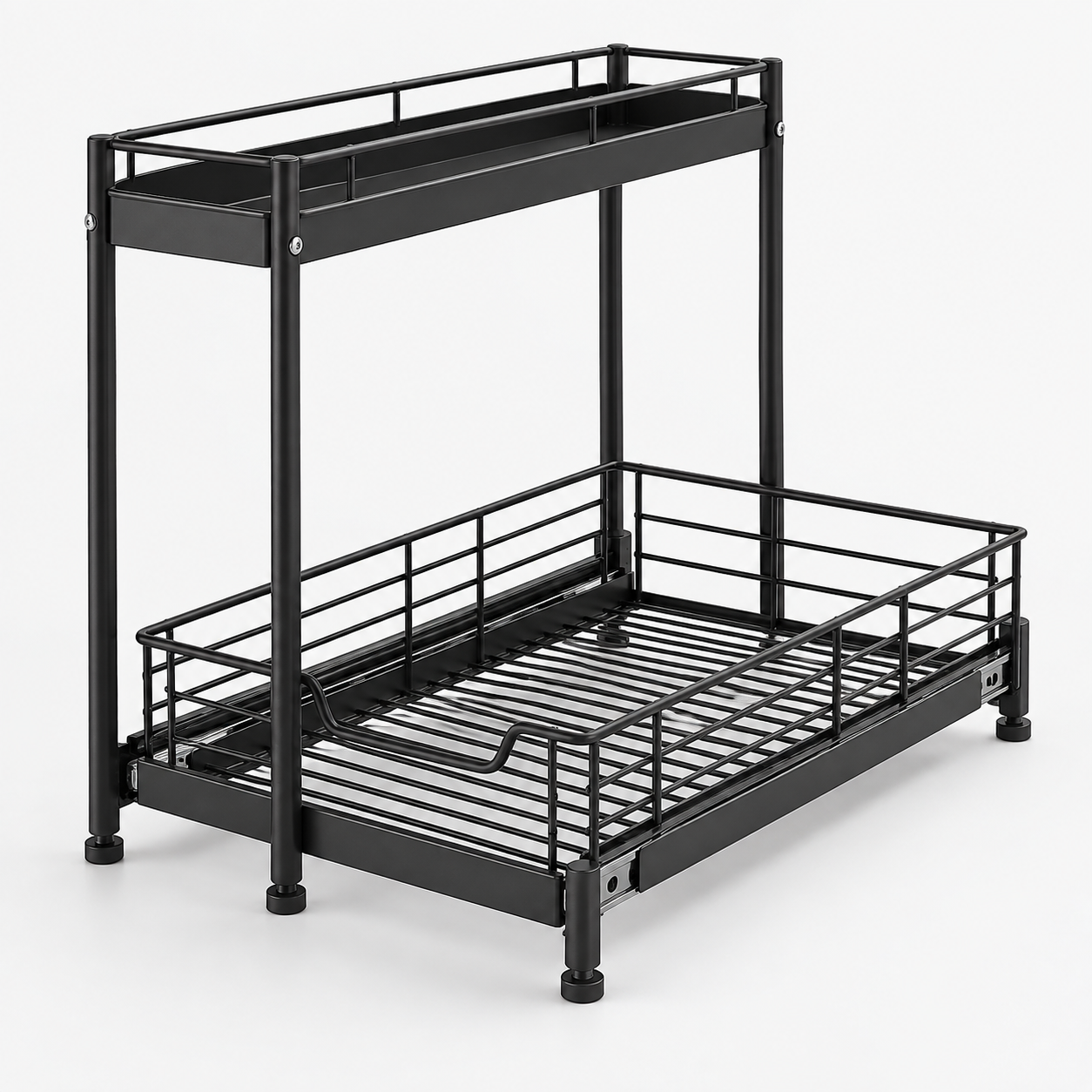 Black two-tier pull-out under-sink organizer wholesale with upper shelf and sliding basket