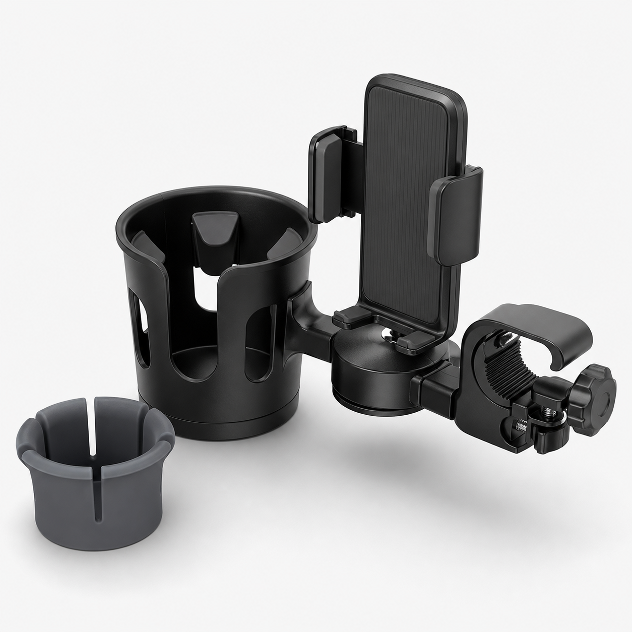 Unbranded black stroller cup and phone holder with rotating clamp and flexible drink-retention tabs