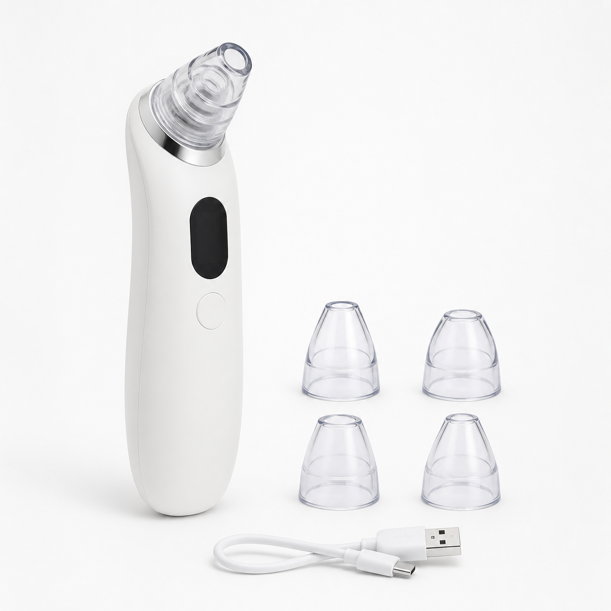 White USB rechargeable blackhead pore vacuum kit with four clear suction tips and charging cable