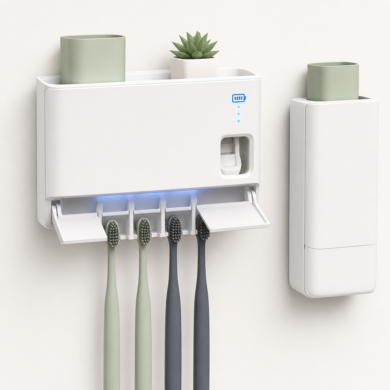 Unbranded white wall-mounted UV toothbrush sanitizer holder with four toothbrushes, covered slots, shelf and status indicator