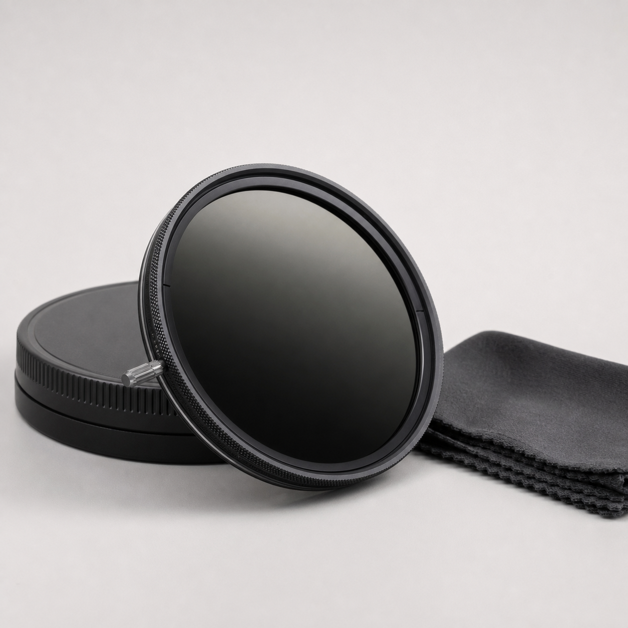 Unbranded round variable neutral density camera filter with black knurled ring, protective case, and microfiber cloth