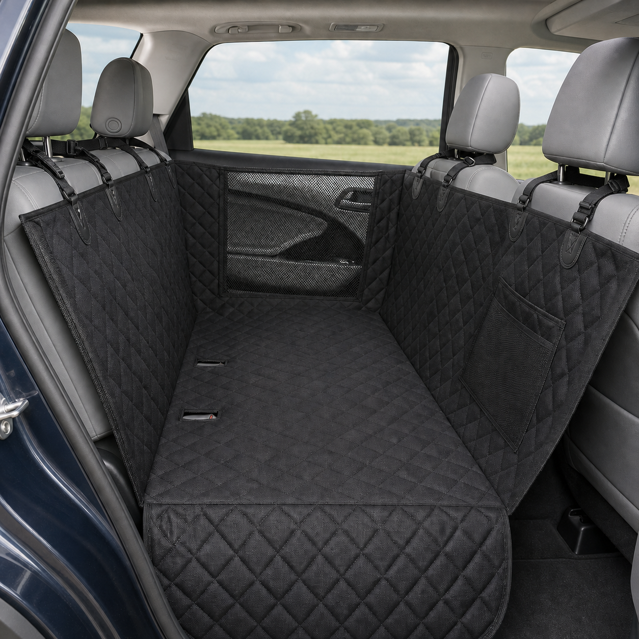 Black quilted waterproof dog car-seat hammock installed across a gray SUV back seat with side flaps and mesh window