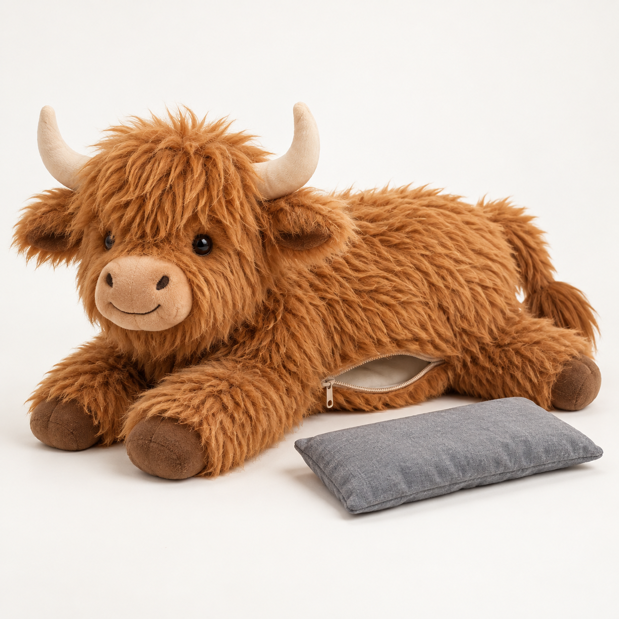 Caramel weighted Highland cow plush with a removable warming and cooling pouch
