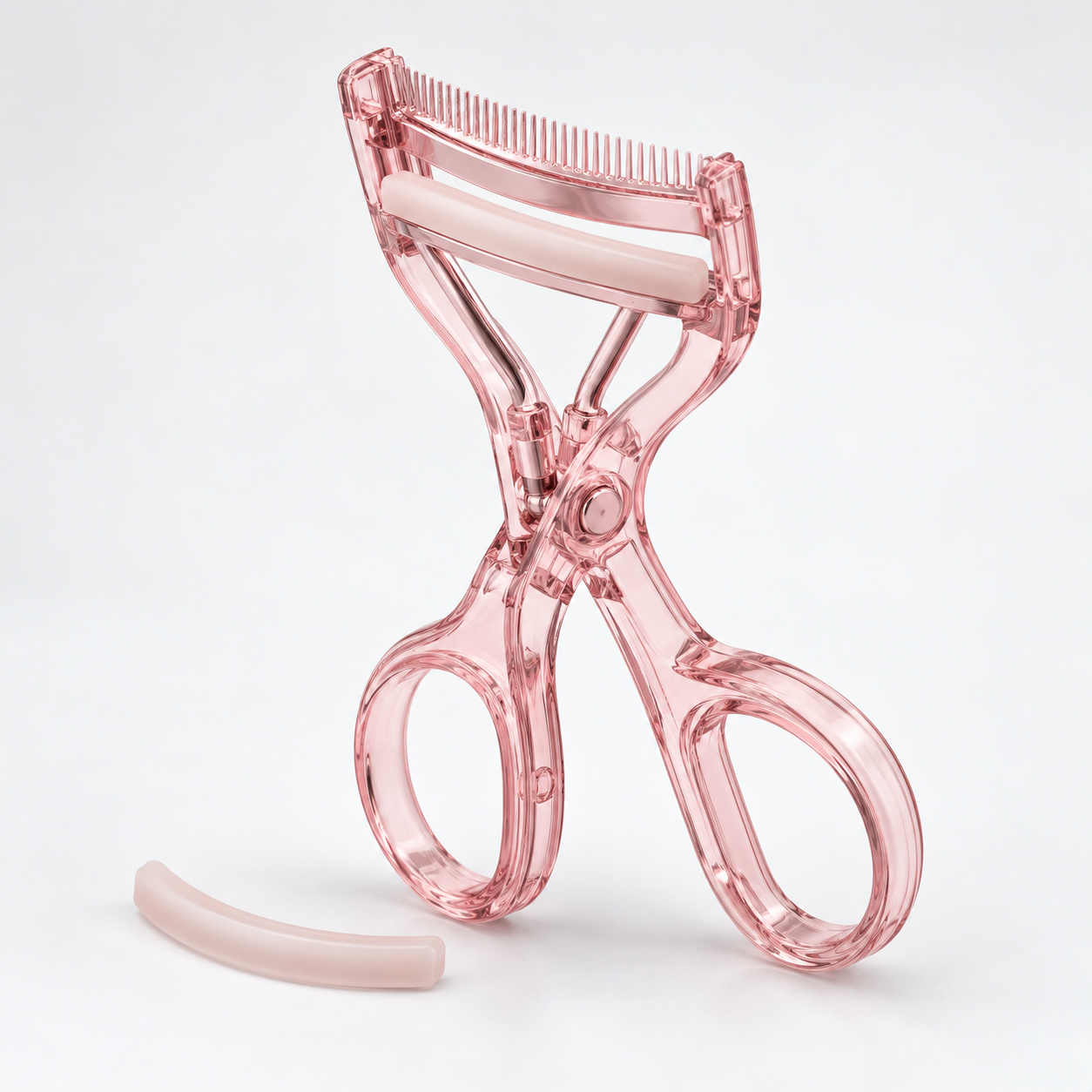 Unbranded transparent pink wide-angle eyelash curler with built-in comb and replacement silicone pad