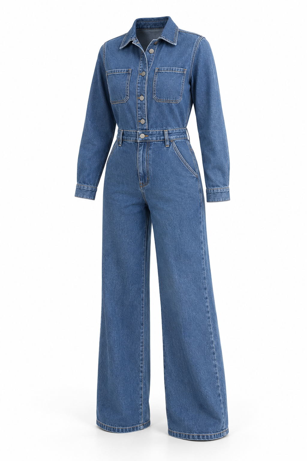 Mid-blue long-sleeve collared button-front denim jumpsuit with chest pockets and wide legs