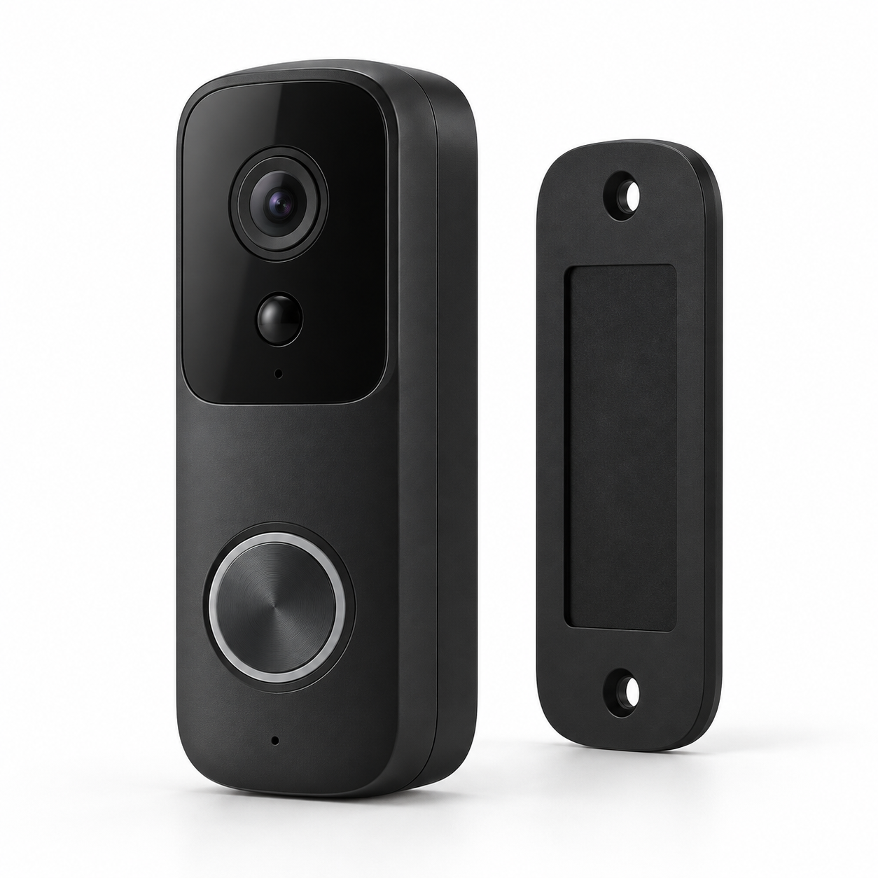 Unbranded matte black rechargeable wireless video doorbell camera with mounting plate