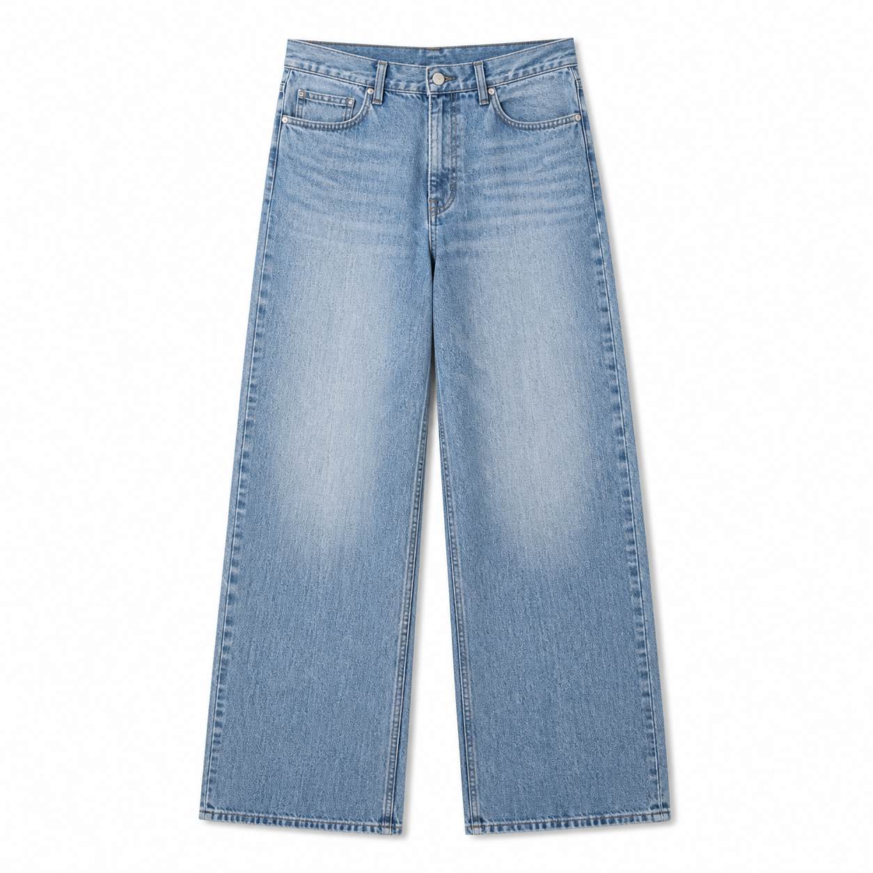 Unbranded light-blue women's relaxed baggy wide-leg jeans photographed flat on a white background